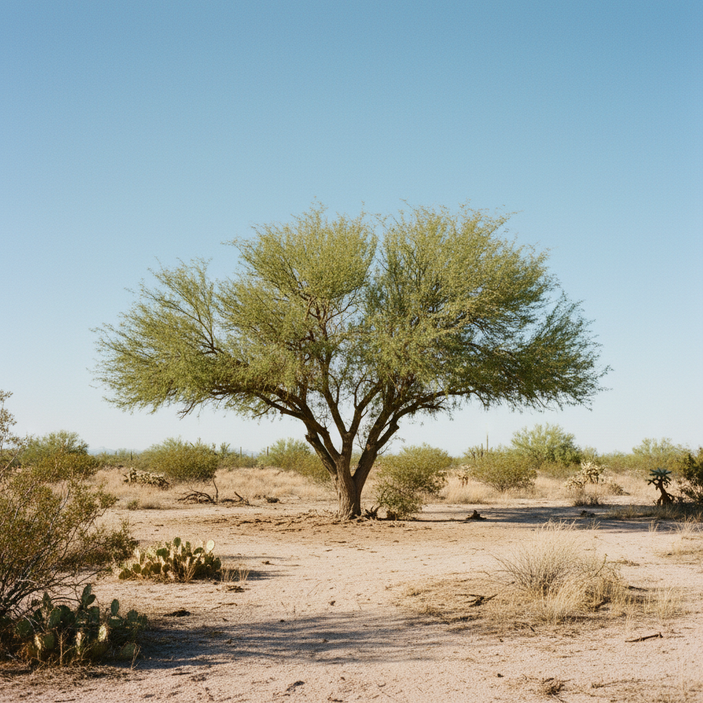 Honey mesquite tree with feathery green canopy in open desert landscape