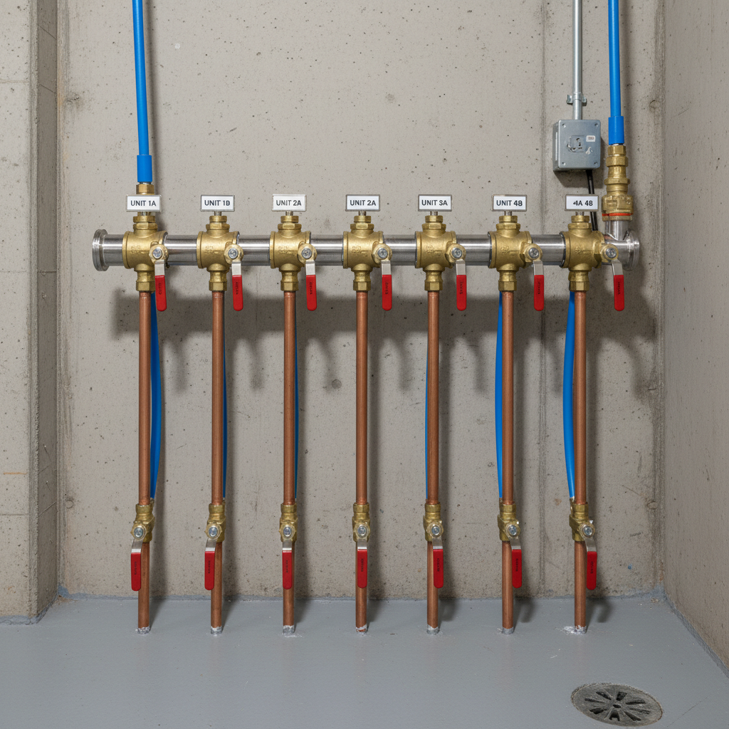 Completed plumbing rough-in with labeled valves and shutoffs for spa system
