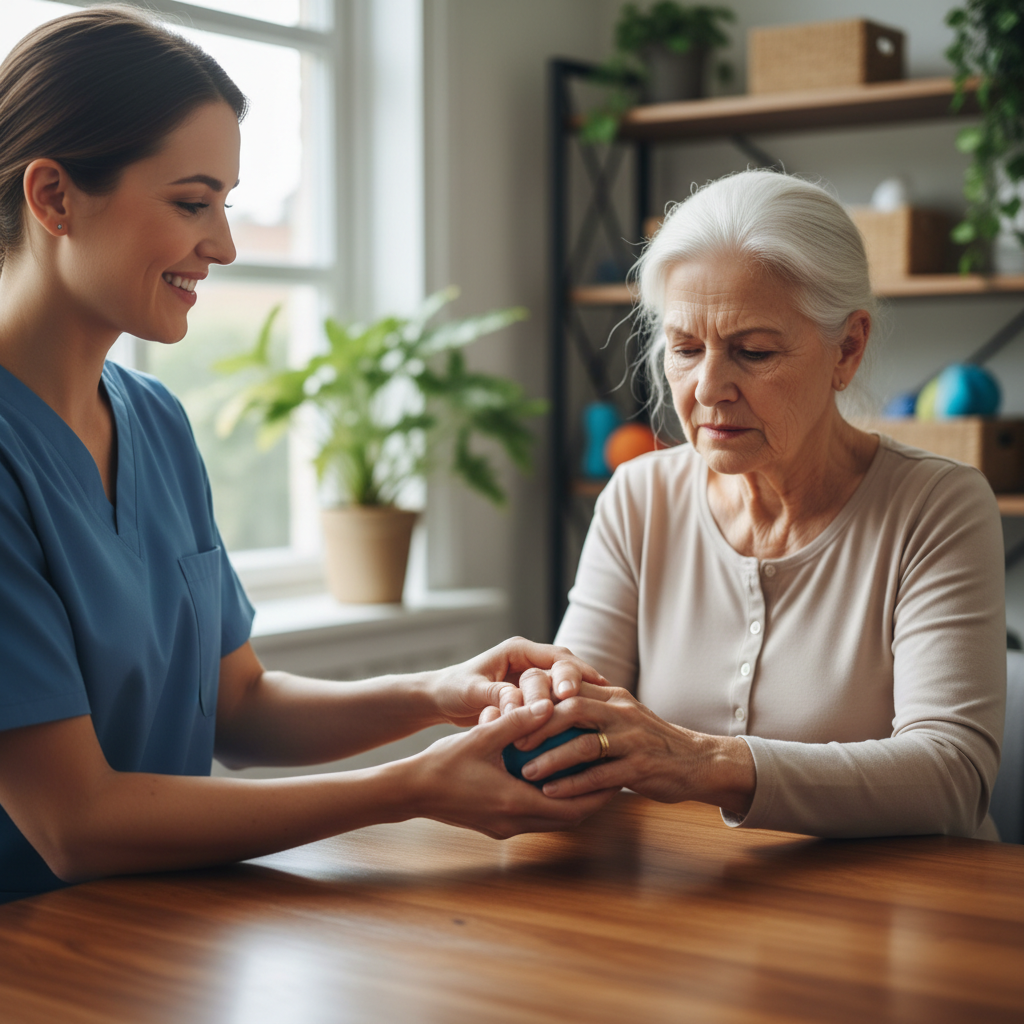 Occupational therapist helping elderly woman with hand exercises at a wooden table