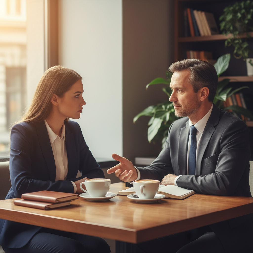Lawyer mentoring younger colleague over coffee