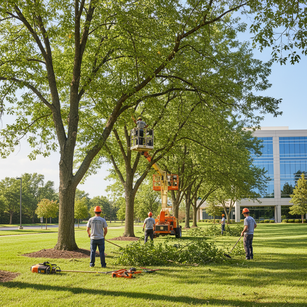 Commercial property with trees being maintained by certified crew in Toronto