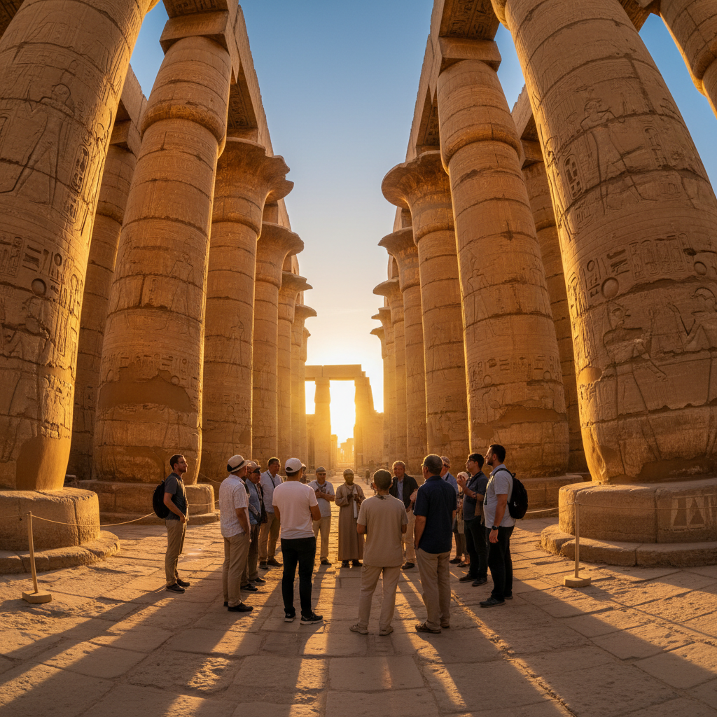 Ancient Egyptian Karnak temple columns at twilight, warm amber lighting on hieroglyph-carved stone, atmospheric dusk sky