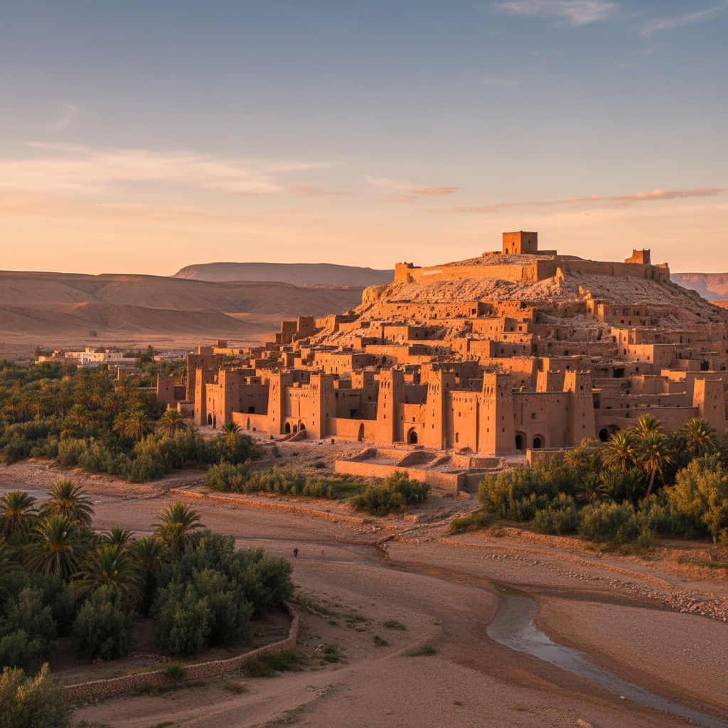 Aït Ben Haddou ancient kasbah earthen towers glowing warm gold at sunset in Morocco