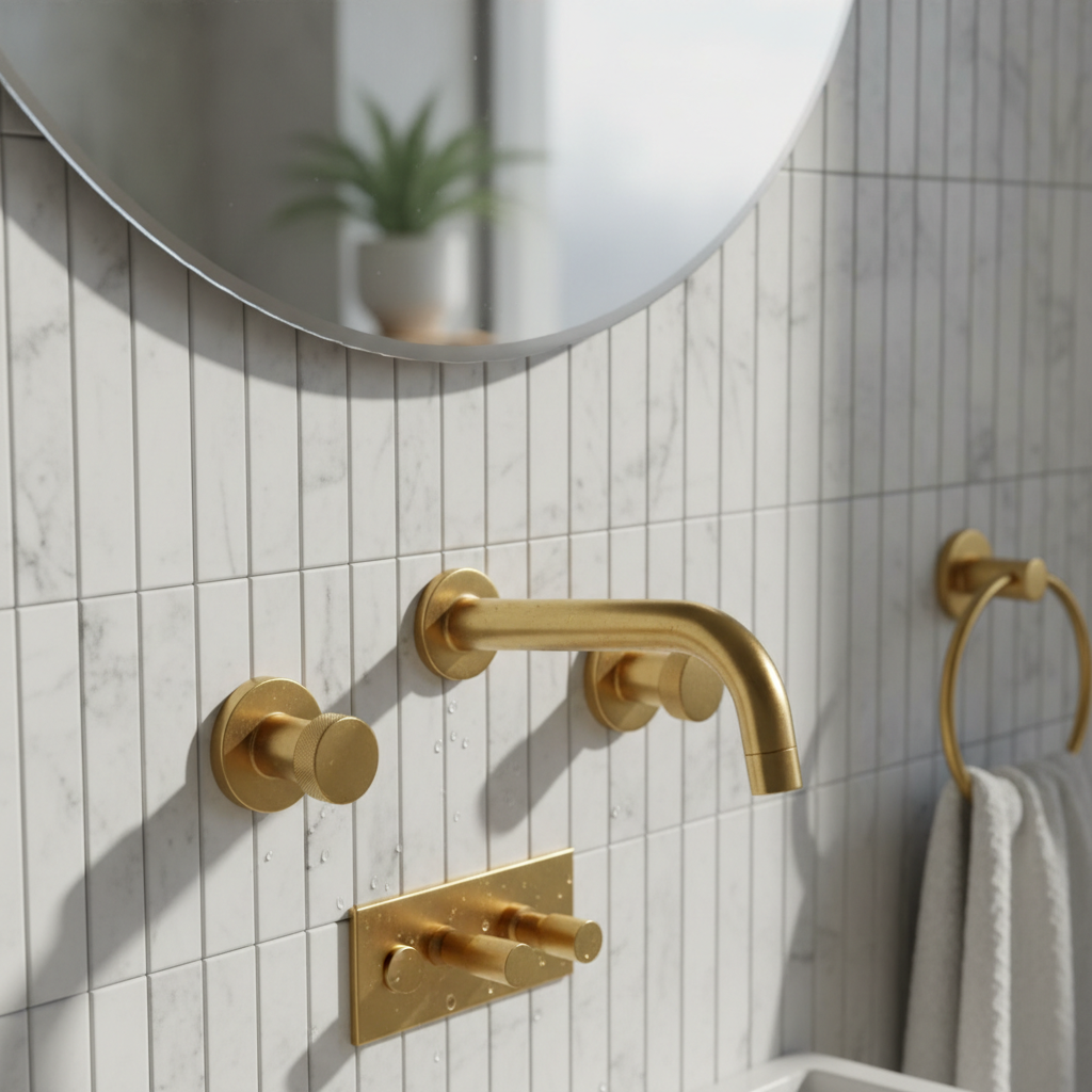 Close-up detail of fluted marble tile with brass fixtures catching morning light in primary bathroom