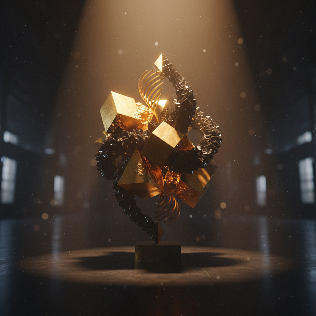 Abstract 3D geometric sculpture with gold and obsidian color treatment, cinematic lighting