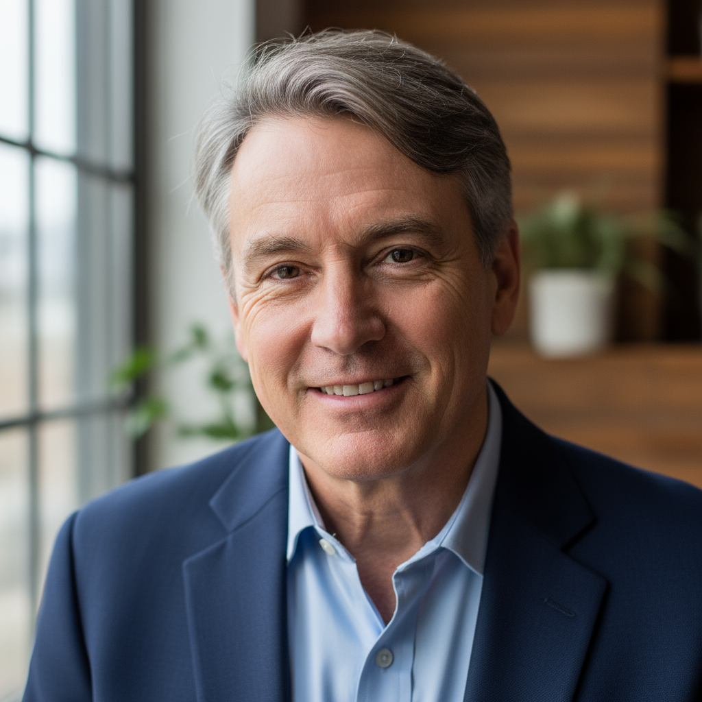 Middle-aged man with short grey hair in smart casual attire with friendly expression
