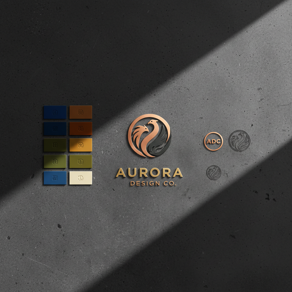 Brand identity design materials spread on dark surface with color swatches and typography samples