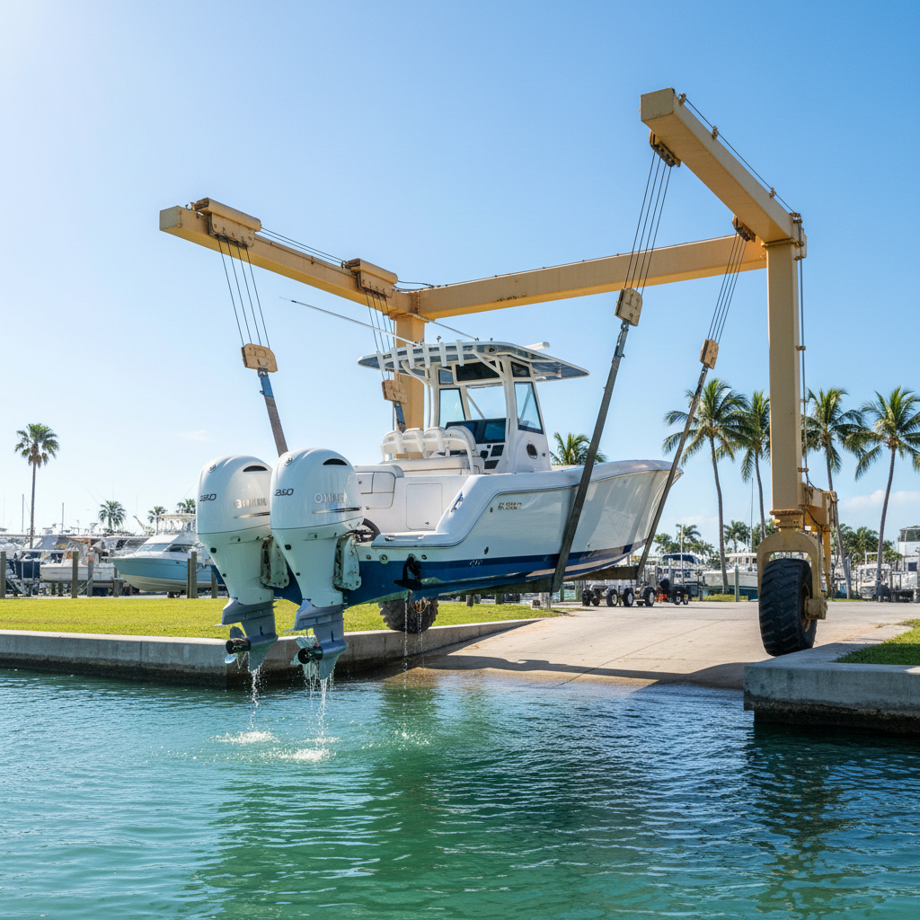 Robalo R300 center console with triple outboards lifted out of water on travel lift