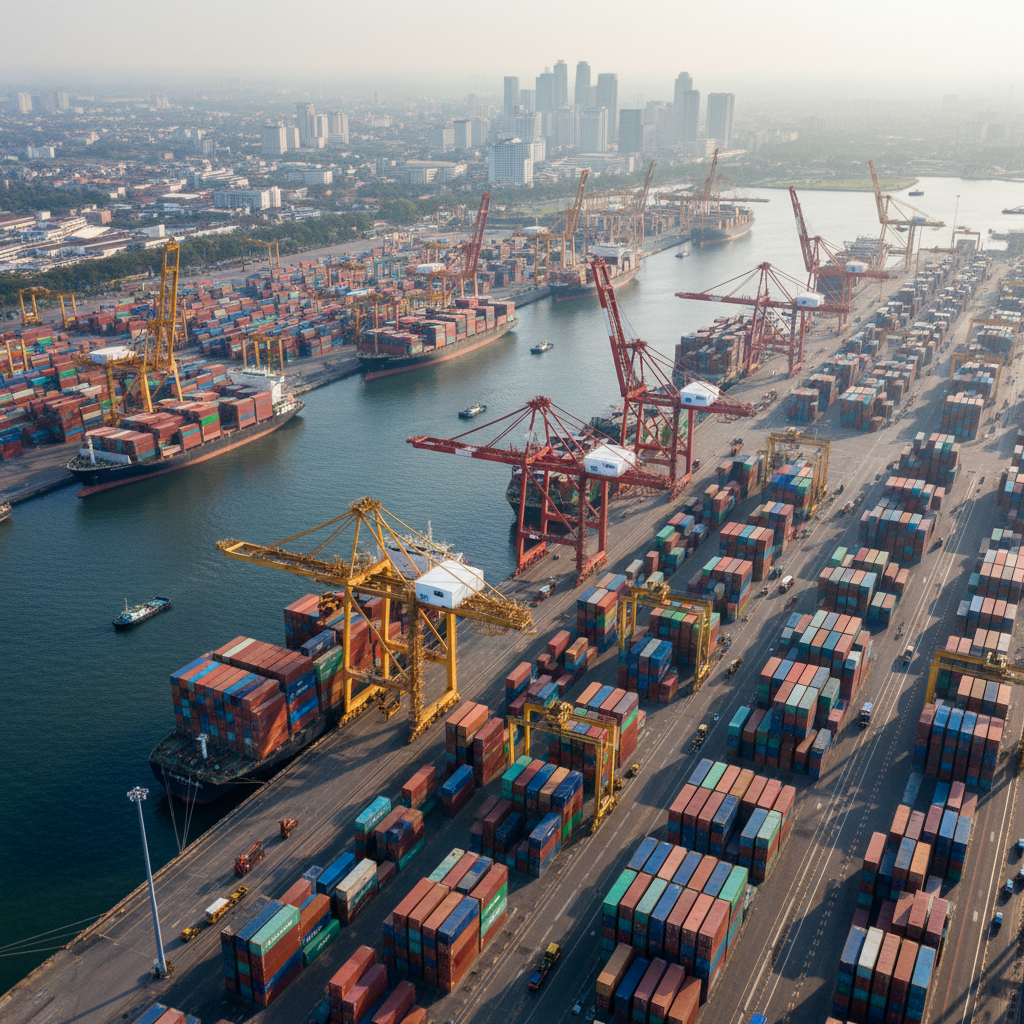 Aerial view of busy port terminal with cranes unloading container ships at dawn