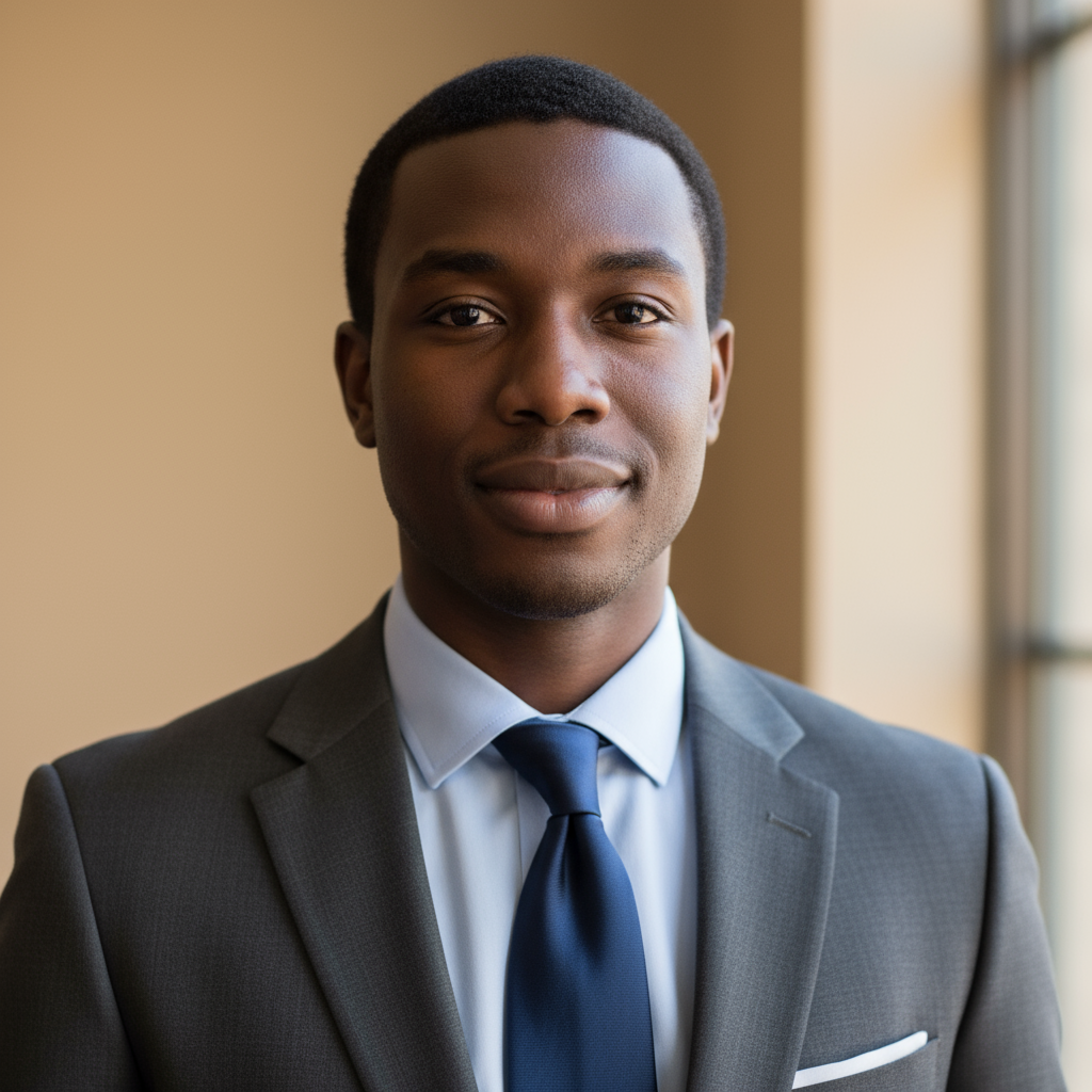 Professional headshot of young Black man in business casual attire, neutral background