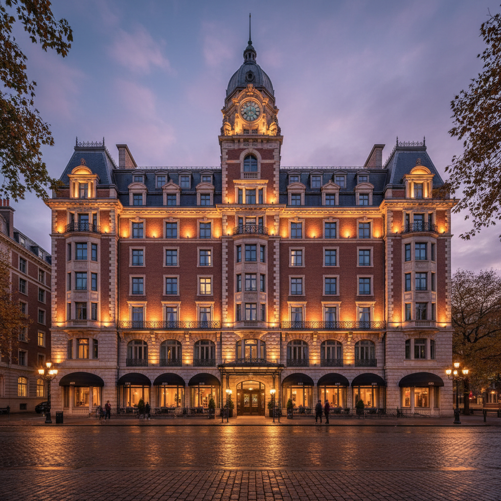 Grand Spa Karlovy Vary hotel exterior at dusk, warm amber lights glowing through arched windows, lush garden surroundings, dark forest green atmosphere
