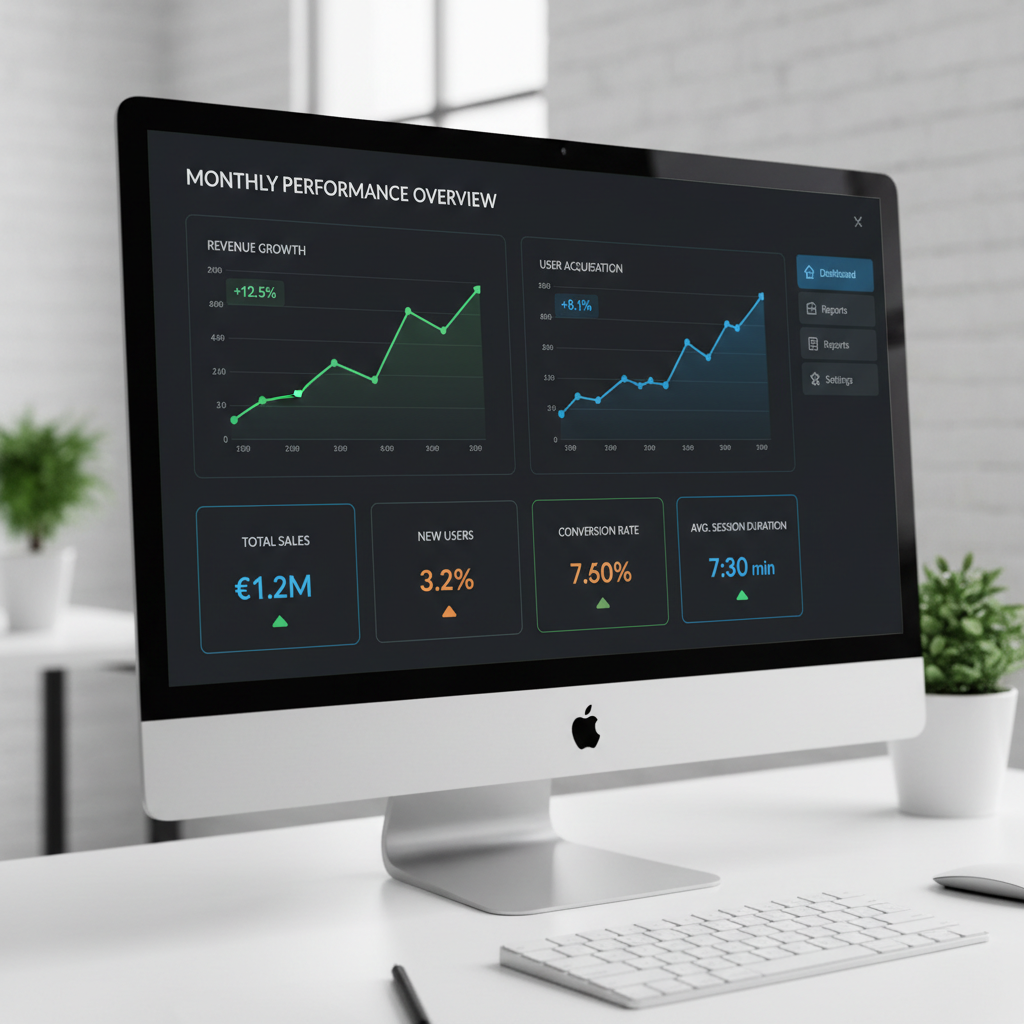 Business analytics dashboard showing monthly growth metrics and performance data