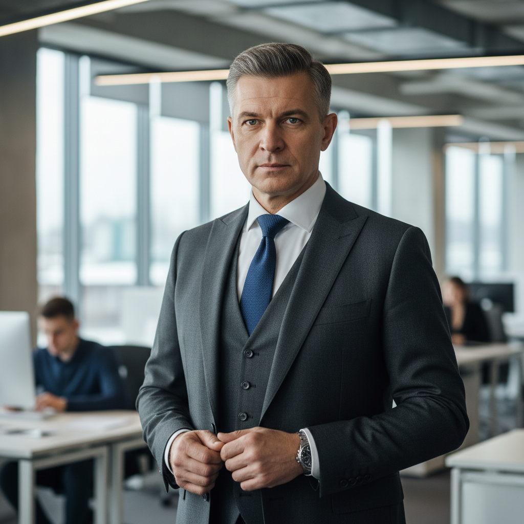 Professional male executive in business attire, confident pose, office background