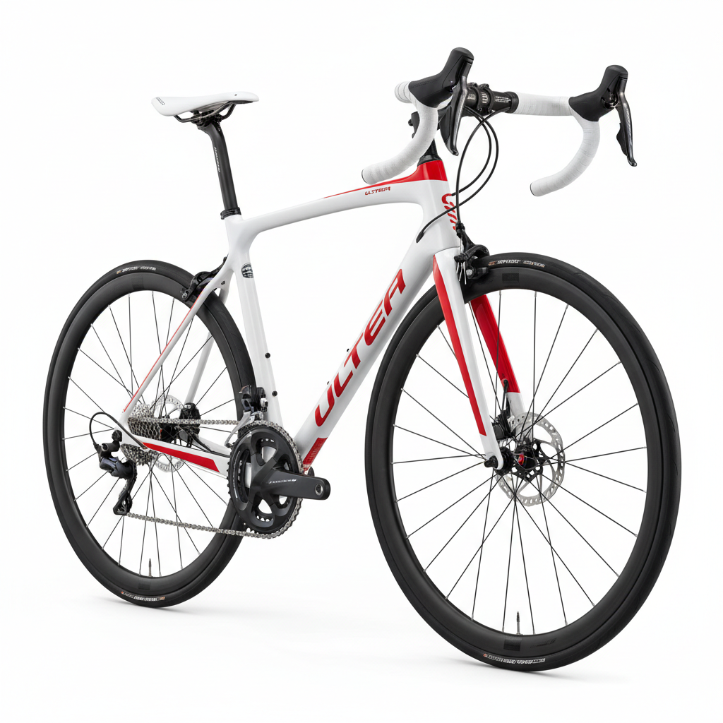 Lightweight carbon road bike in matte red finish, aerodynamic frame, clean studio lighting