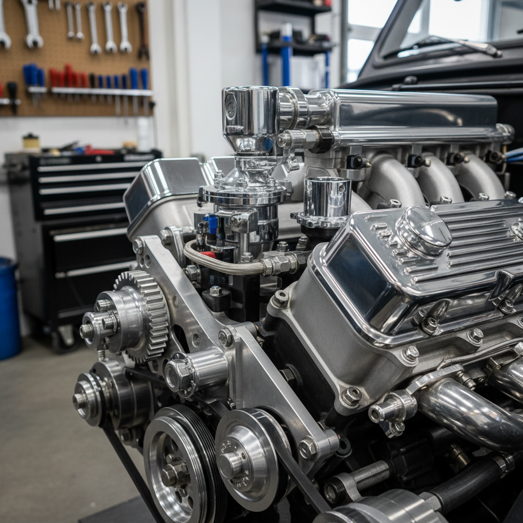 Car engine close-up in bright automotive workshop, clean lighting, mechanical detail