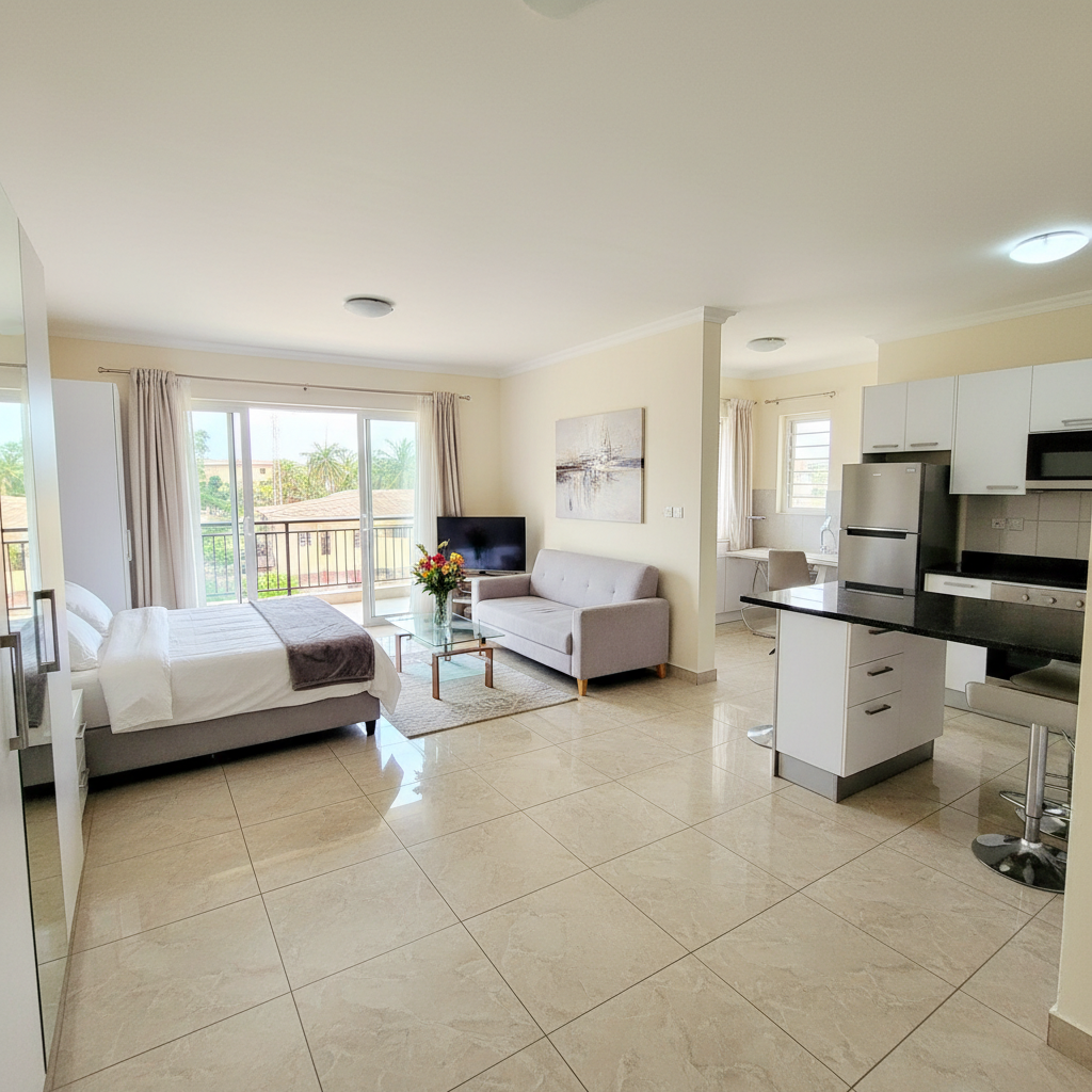 Clean one-bedroom apartment with modern bathroom, fully equipped kitchen and cozy bedroom in Kigamboni