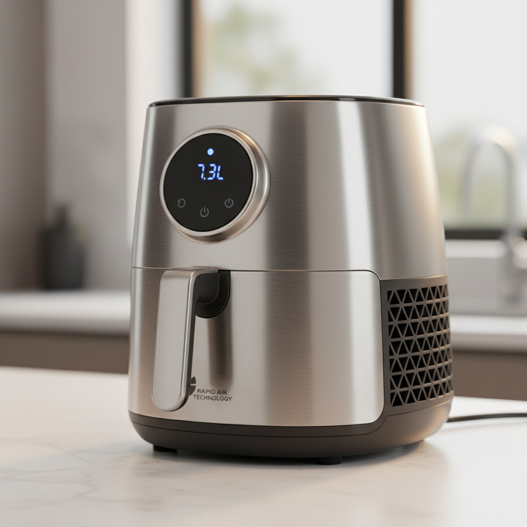 Silver and black air fryer appliance on clean kitchen counter
