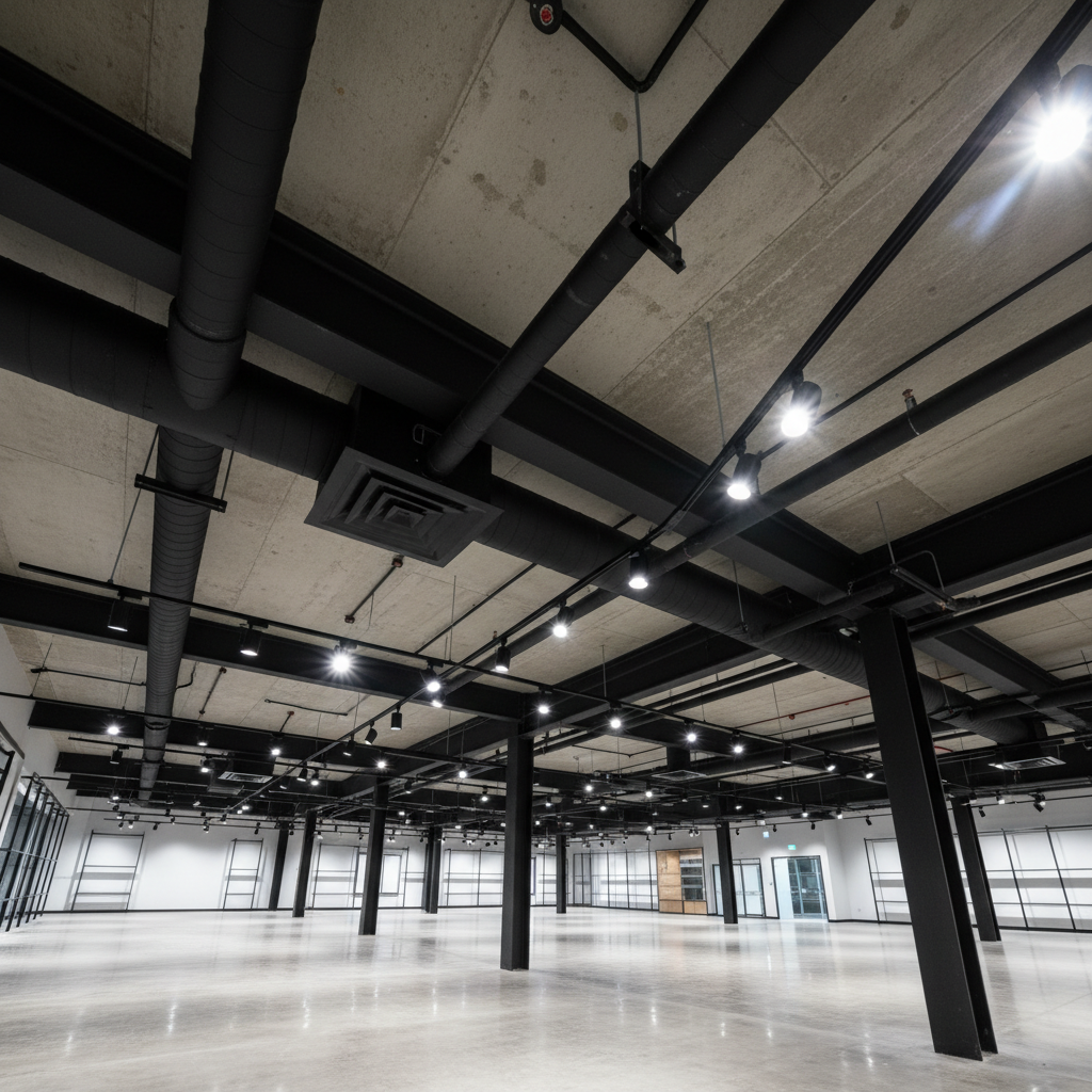 Large commercial HVAC ductwork installation in a dim industrial ceiling space, galvanized steel ducts, atmospheric industrial lighting
