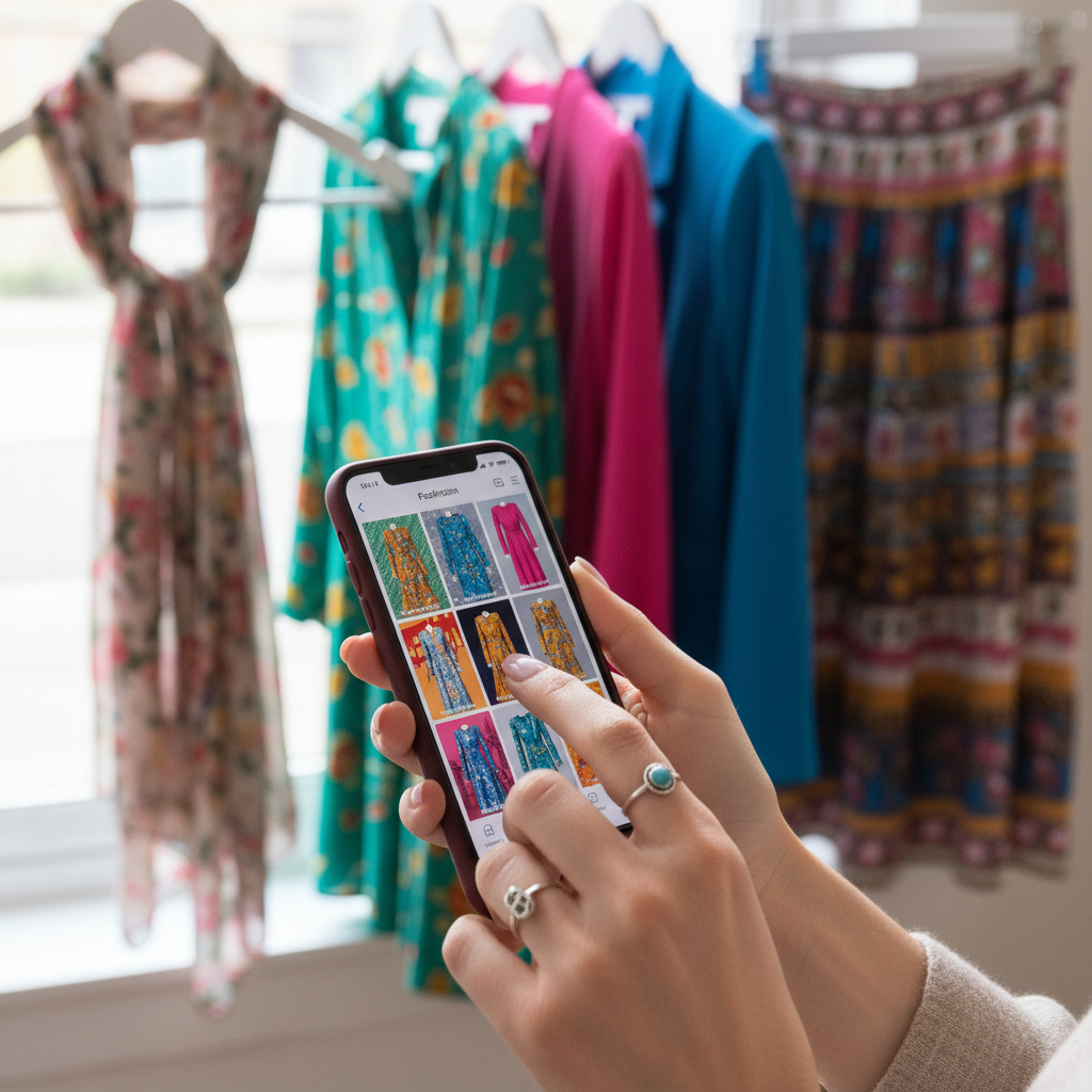 Person browsing clothing on phone, dim warm lighting, dark background, low-key atmosphere