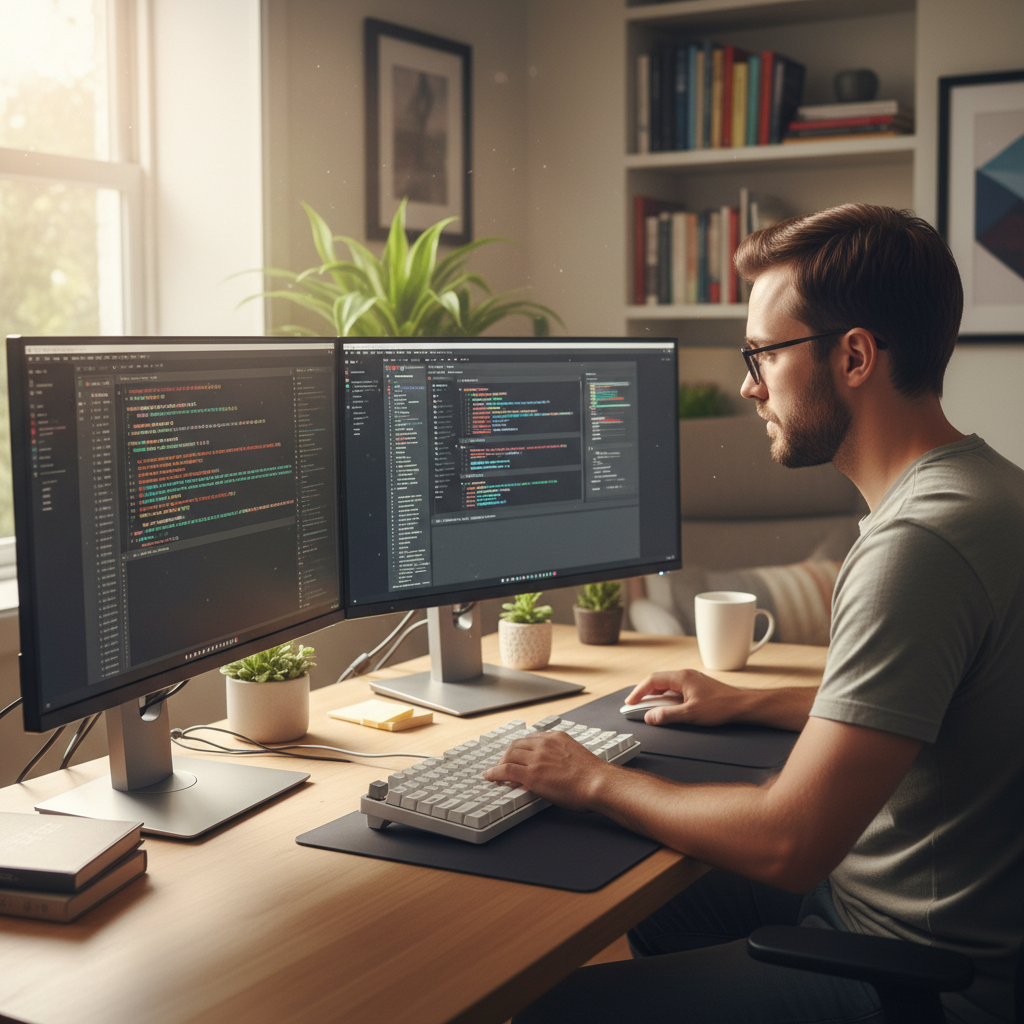 Software engineer working at dual monitor workstation