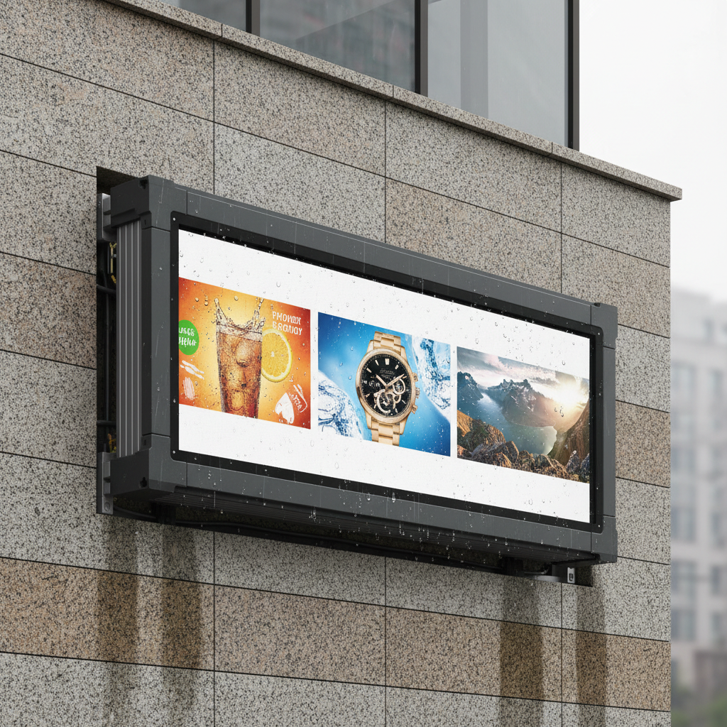 Weather-resistant outdoor LED screen mounted on building exterior showing advertisements