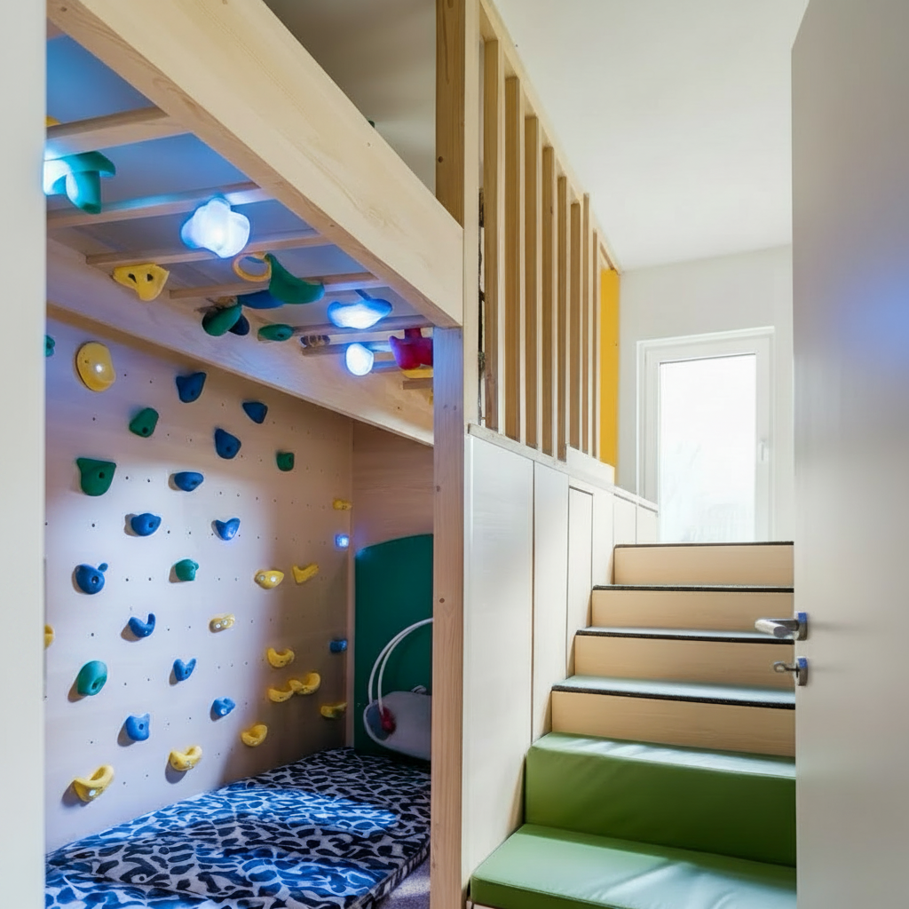 Kids bedroom with bunk beds and climbing wall