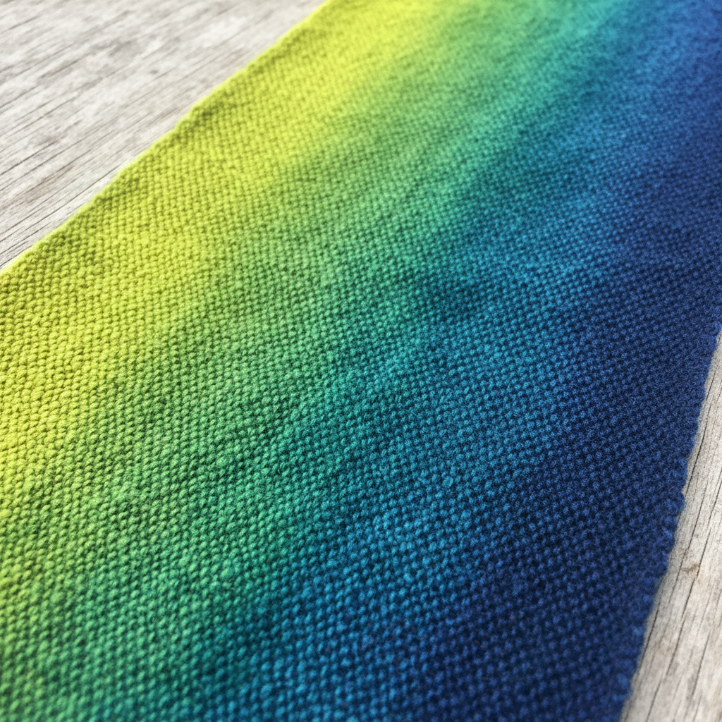 Handwoven twill textile with yellow-green to deep blue color gradient created through natural weld and woad dye overdyeing process