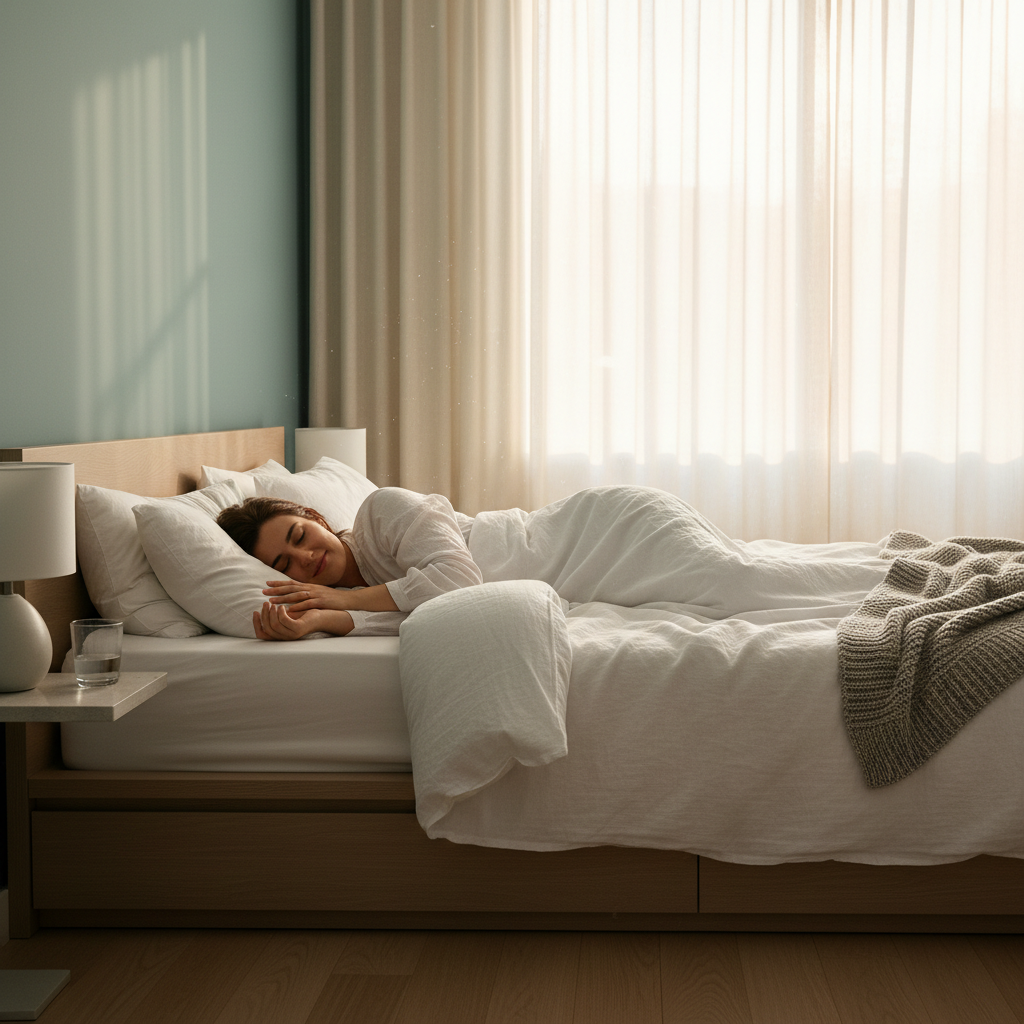 Person sleeping peacefully in bed with soft morning light through curtains