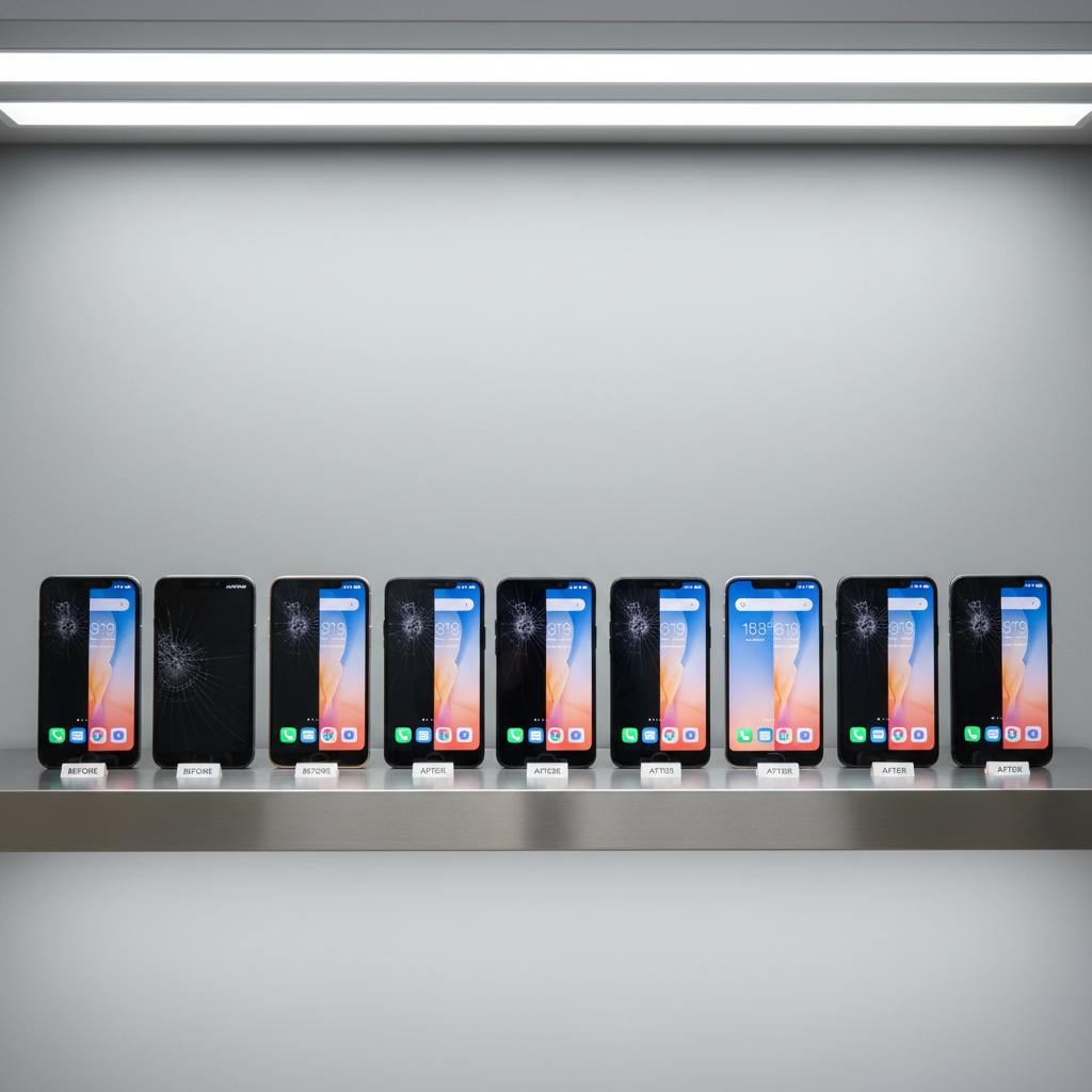 Row of repaired phones lined up on shelf showing before-and-after repair results with clean screens