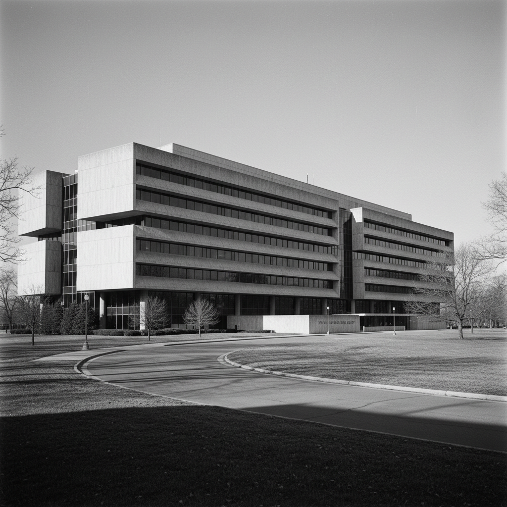 Vintage black and white photograph of CIA headquarters building in Langley Virginia