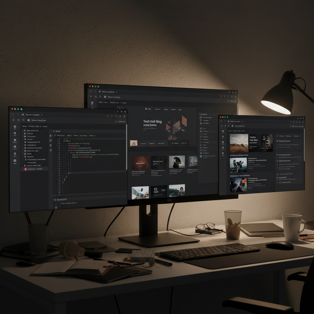 Dark code editor screen with warm amber syntax highlighting, deep shadows, professional workspace