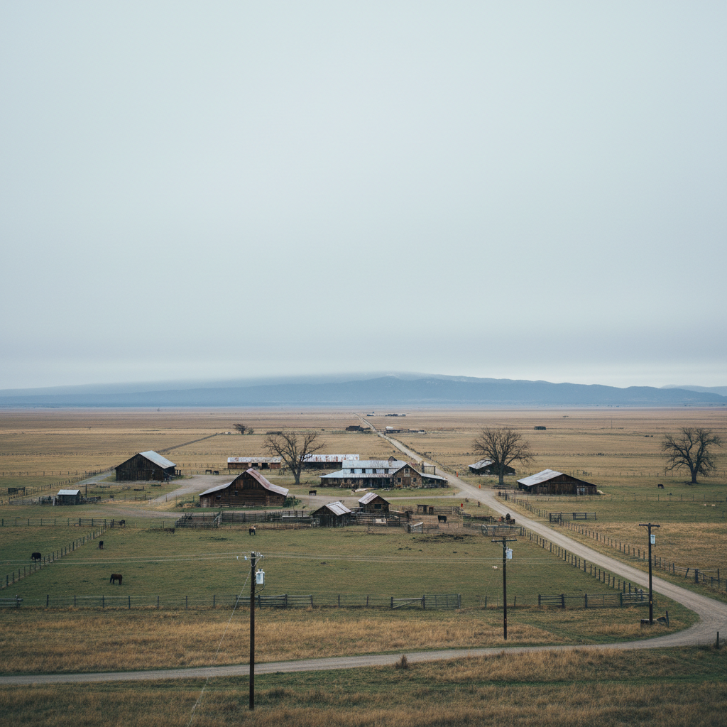 Sweeping alpenglow photo of ranch with meadow grass catching last light and mountains behind