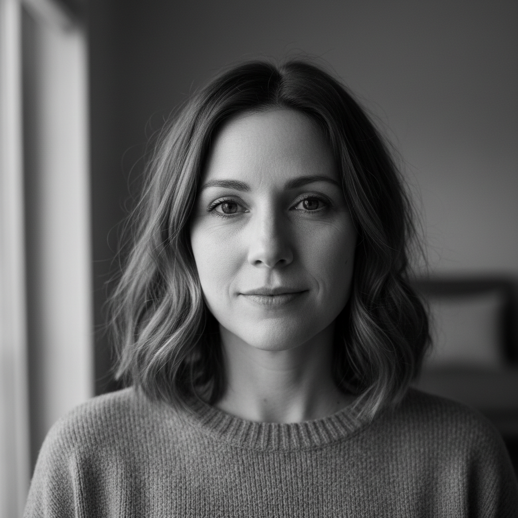 Portrait of a woman in her early 30s, calm but tired eyes — black and white