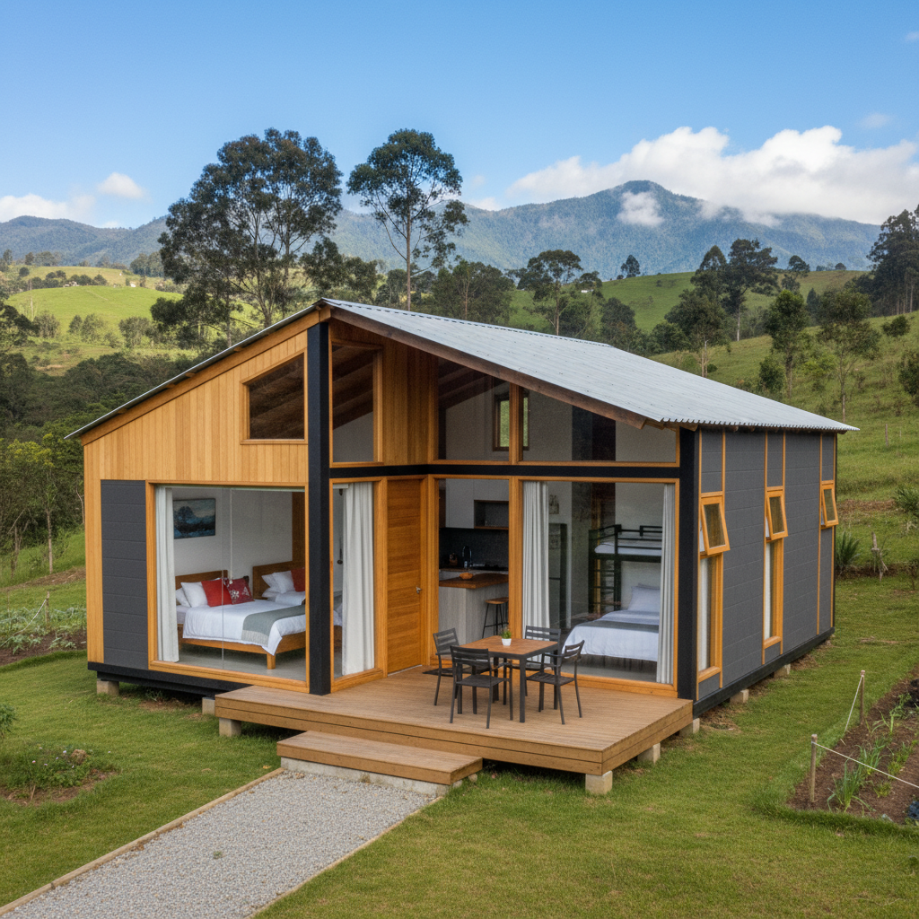 Moderne prefab woning met plat dak en houten gevelbekleding in groen landschap