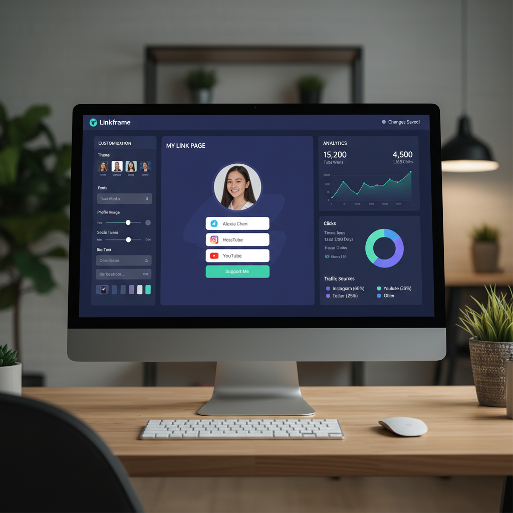 Linkframe platform dashboard showing a creator's link page with analytics and customization panels