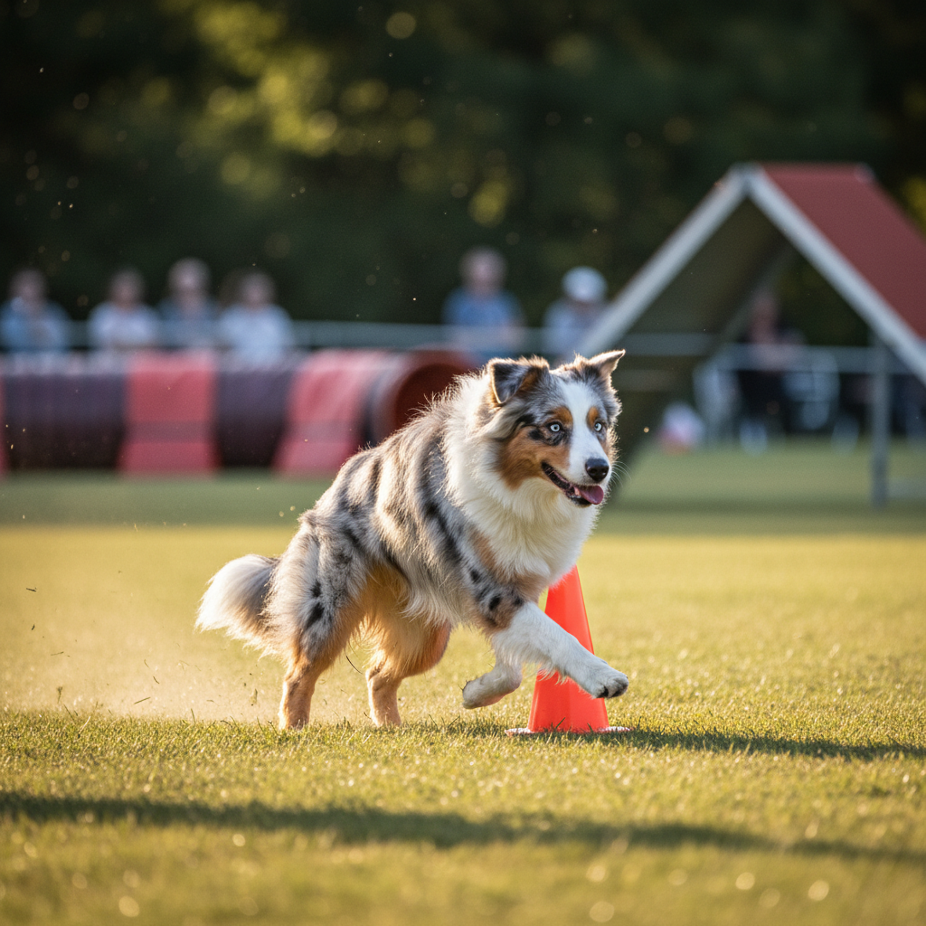 Australian shepherd mid-turn on an agility course