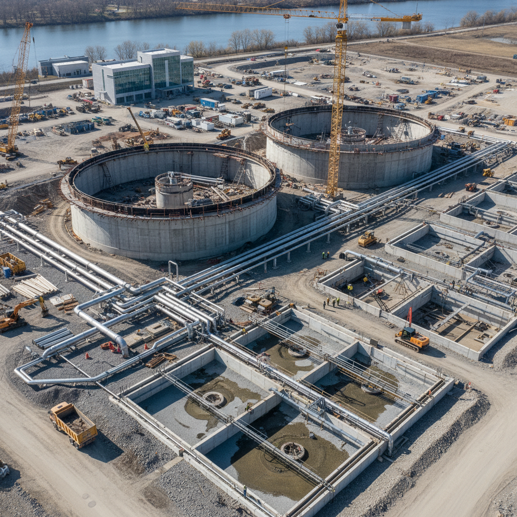 Water treatment facility construction, large circular concrete tanks under construction, industrial pipes and machinery visible