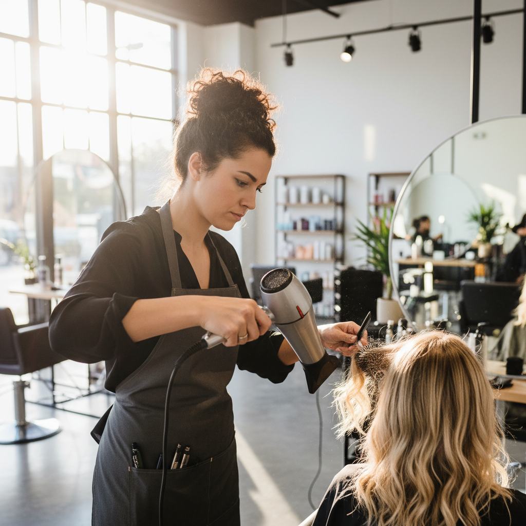 Stylist blow-drying long blonde hair, dimly lit salon interior with dark walls