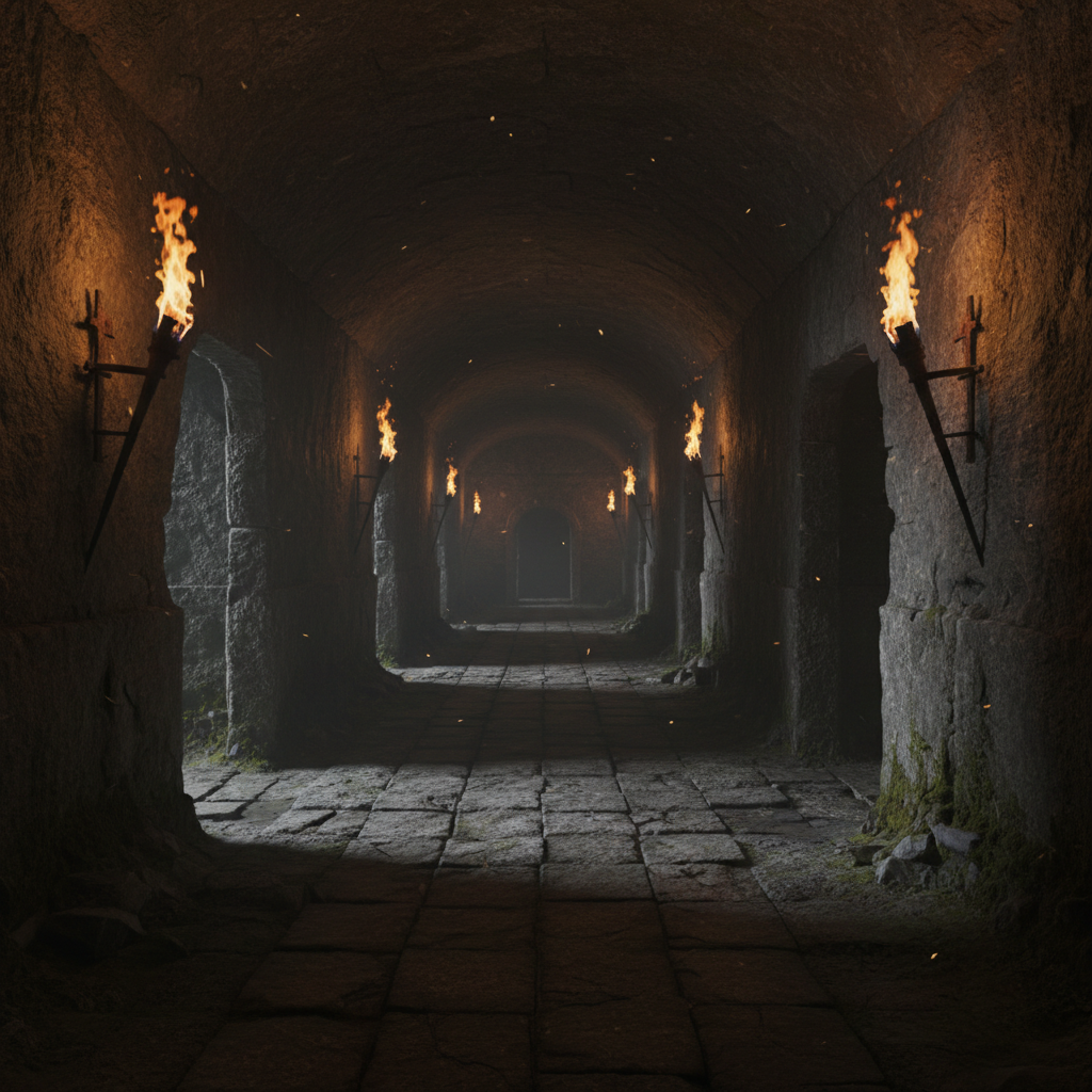 Dark stone dungeon corridor with flickering torch light casting shadows