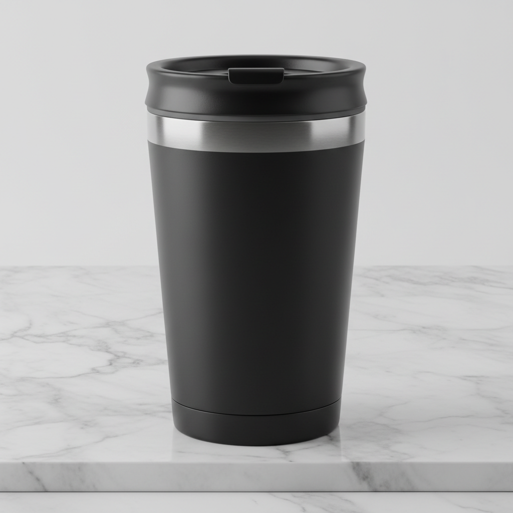 Sleek stainless steel tumbler with matte finish on dark minimal surface