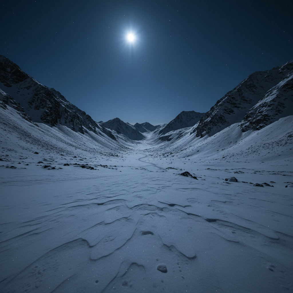 Desolate snow-covered mountain pass at night with cold blue light and eerie silence