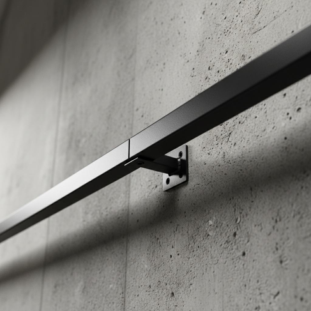 Powder-coated steel upper rail system photographed at 45 degrees against raw concrete wall