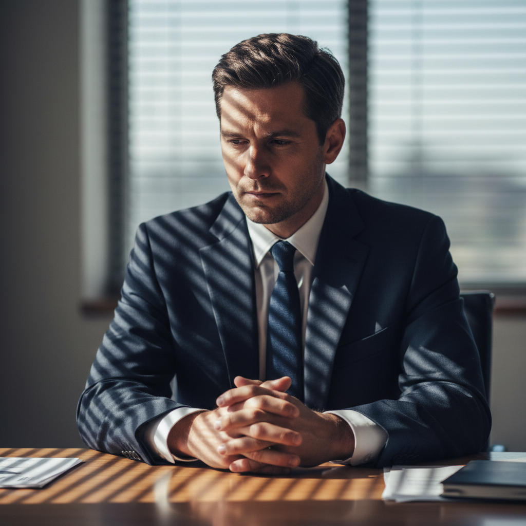 Finance executive in meeting room, face shadowed by venetian blinds, hands folded on conference table