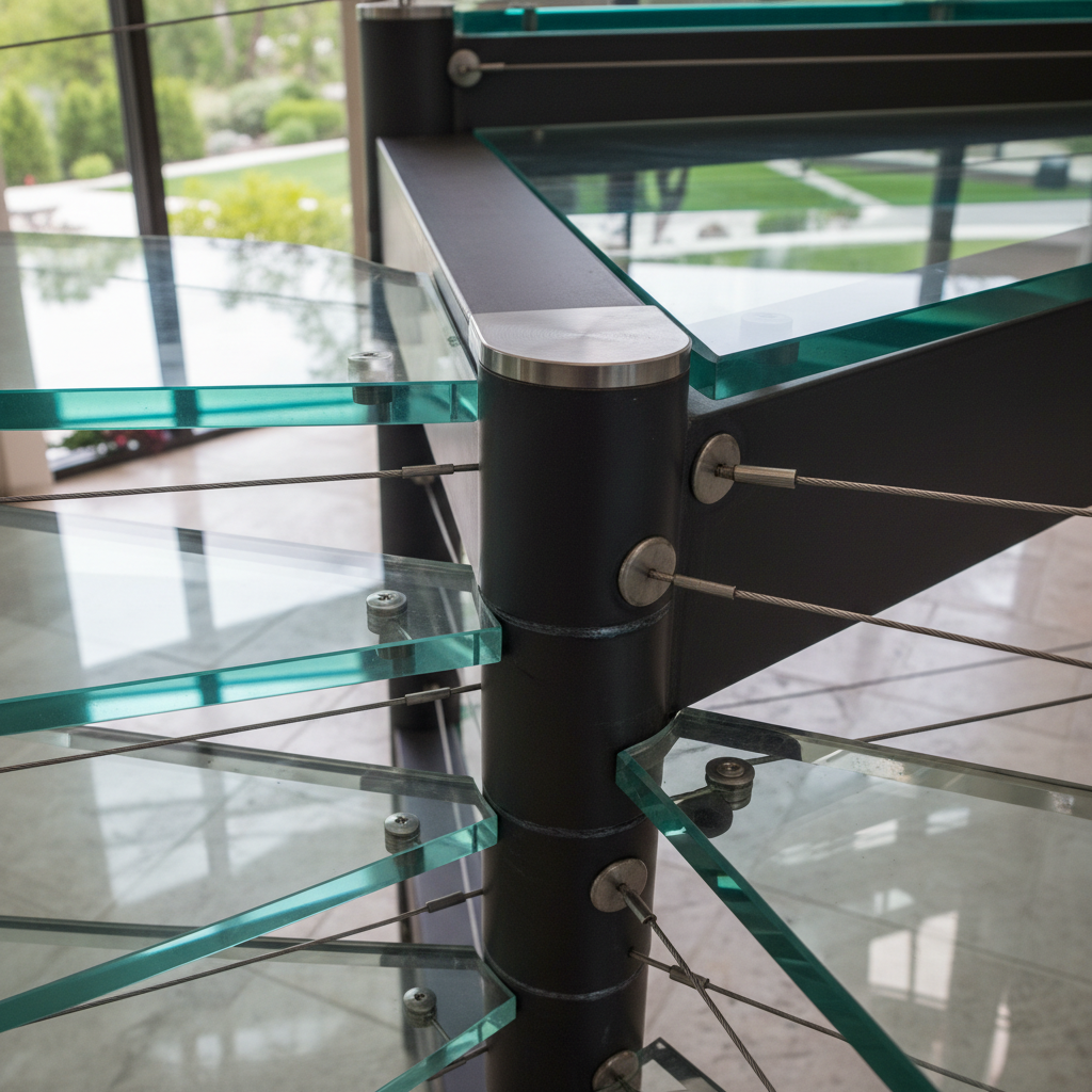 Architectural detail of a custom steel and glass staircase in a showcase home, precise joinery visible
