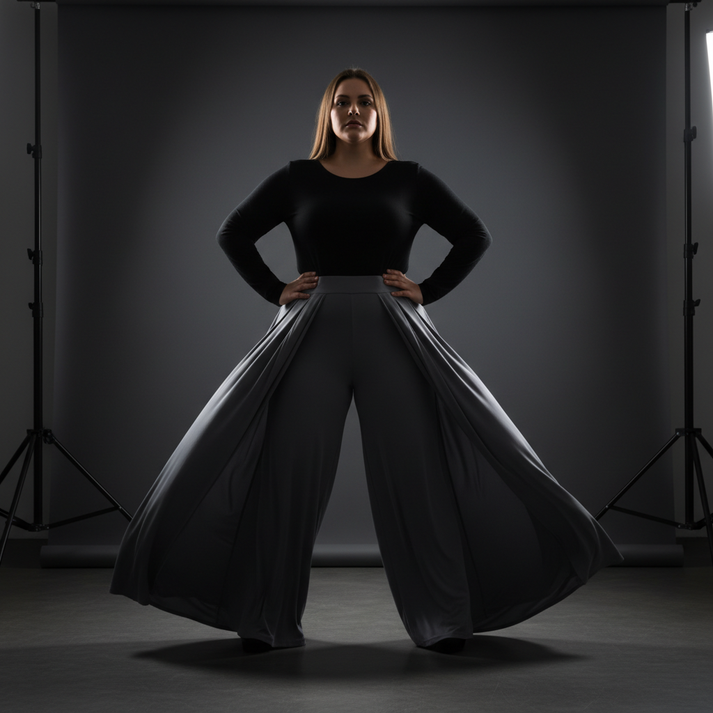 Woman in wide-leg trousers, plus-size figure, studio lighting showing silhouette
