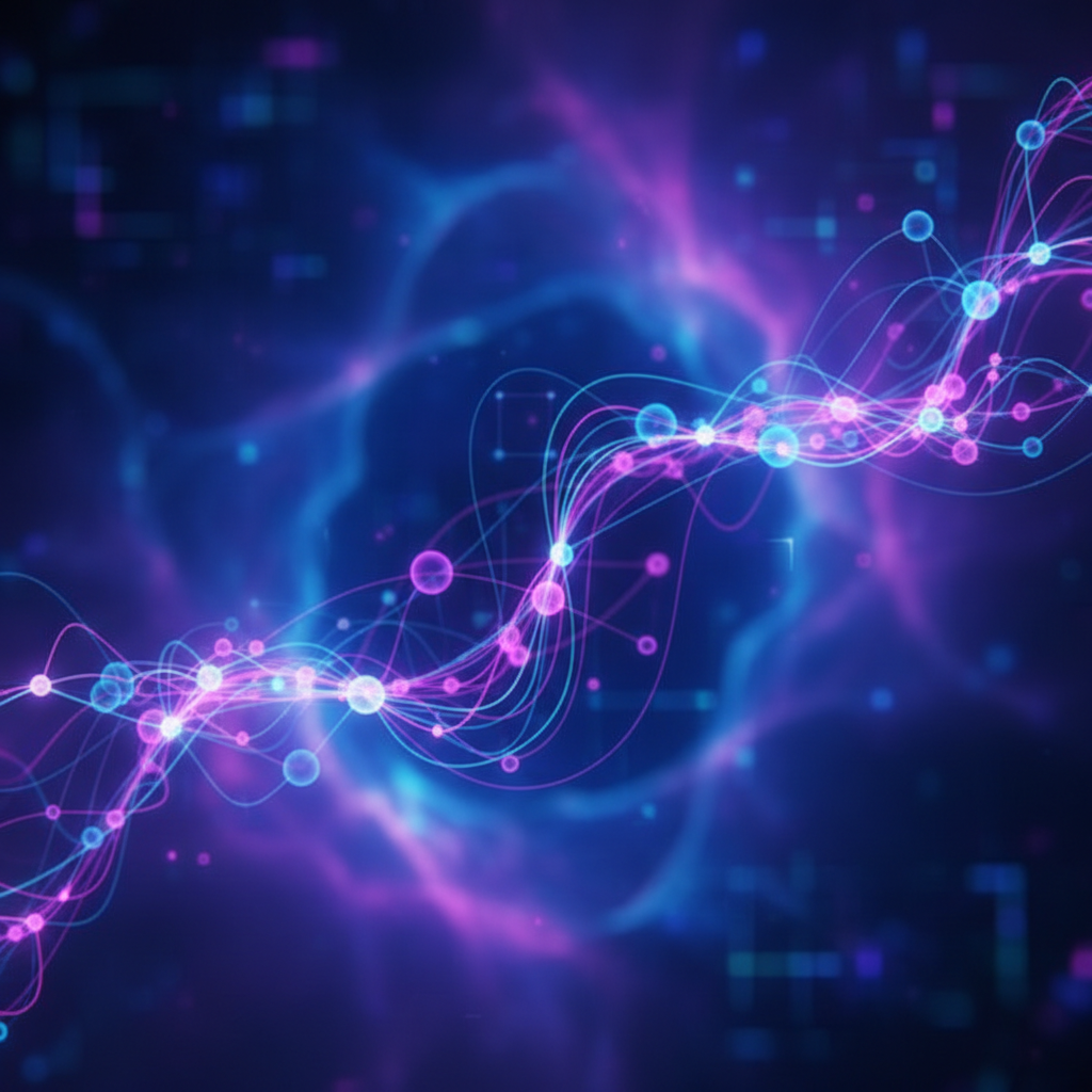 Blue-toned data visualization showing interconnected search nodes on dark background