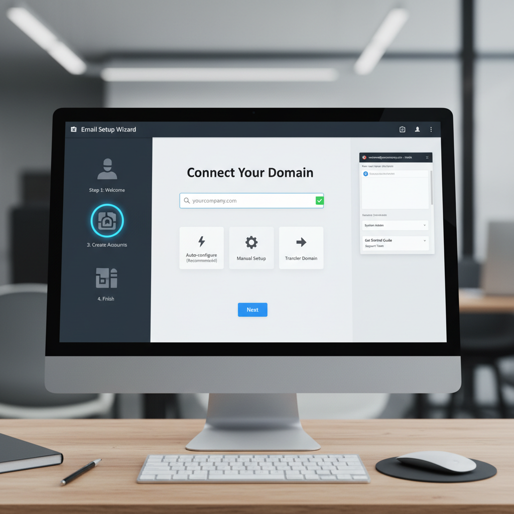 Easy email setup interface showing step-by-step configuration wizard with domain connection and account creation