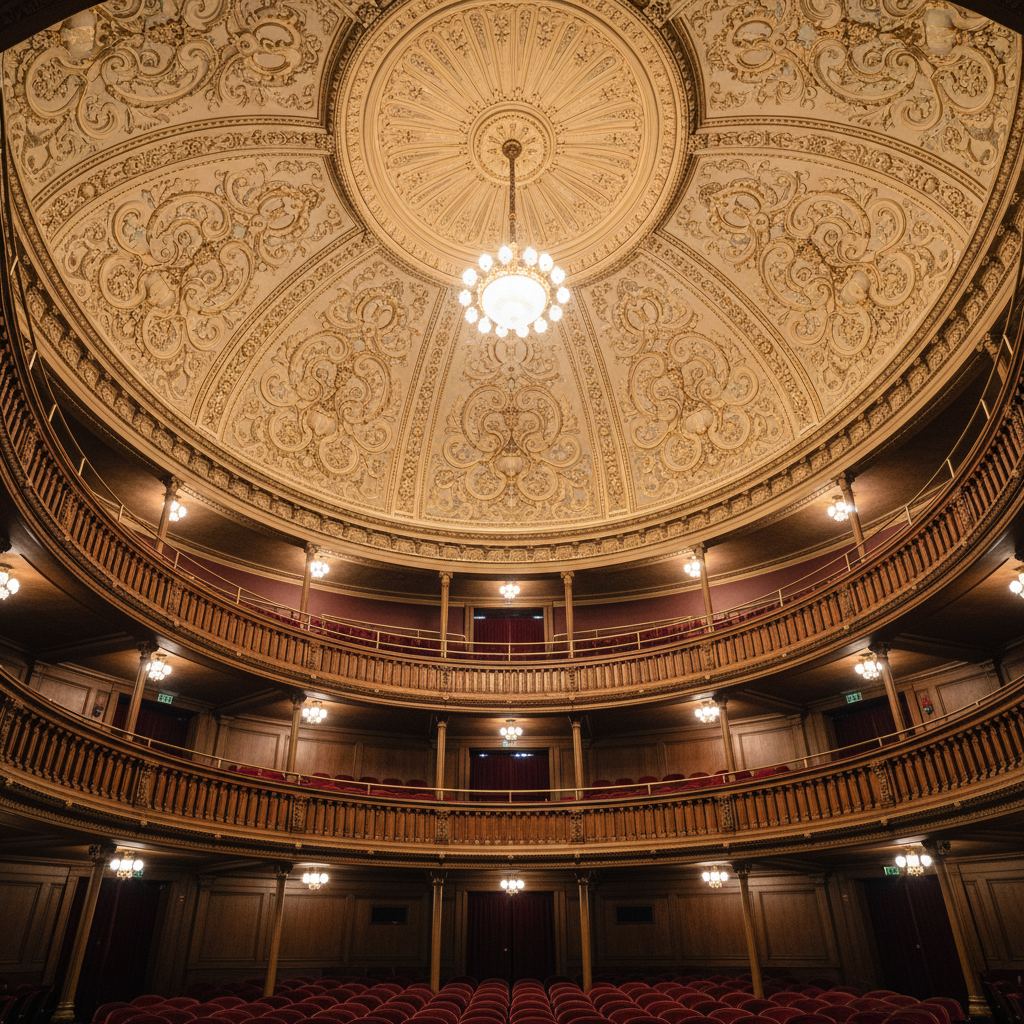 Historic theater interior with ornate plasterwork ceiling, exposed wood balconies, and original 1920s architectural details — the kind of building where visible sprinklers are architecturally unacceptable to the preservation board