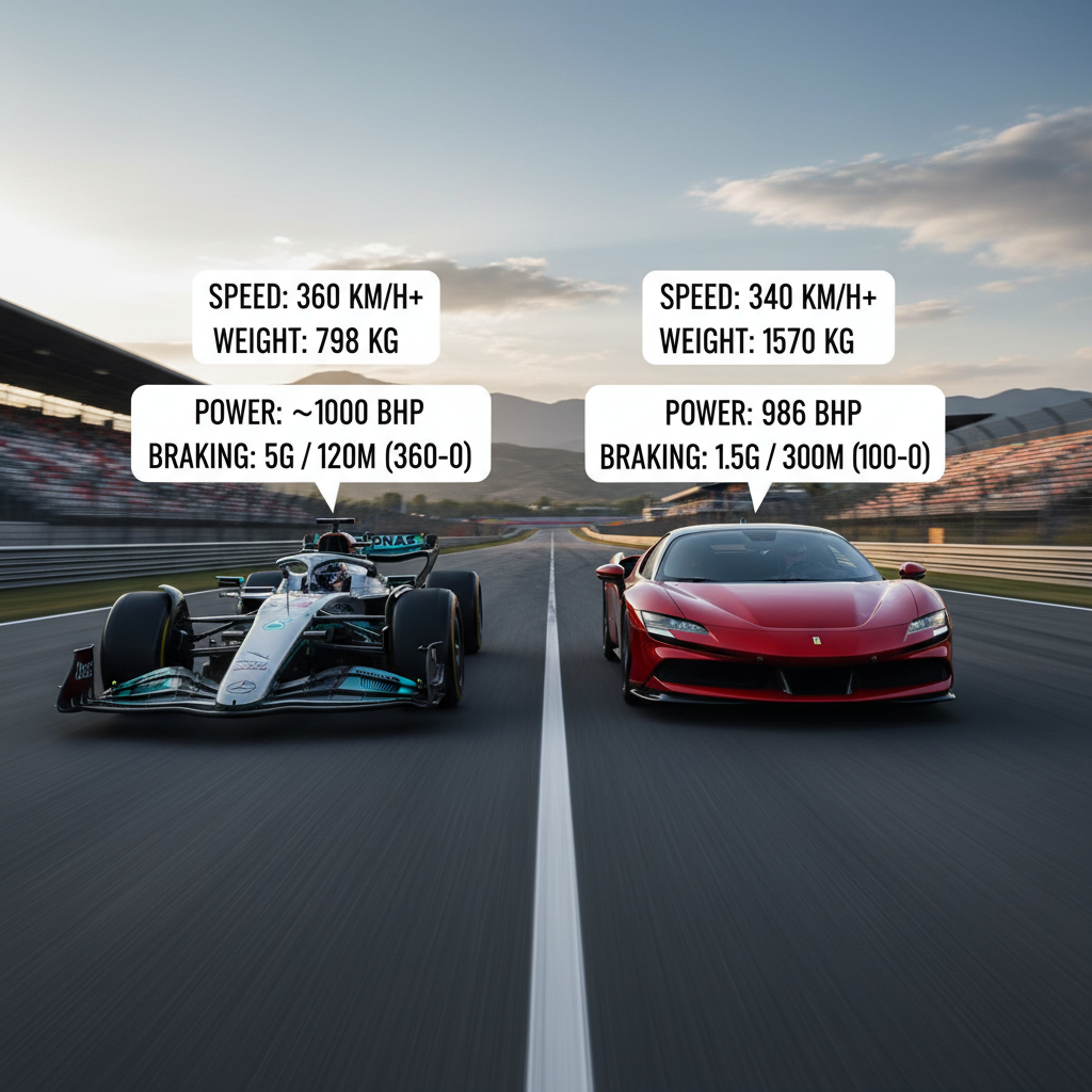 Formula 1 car versus road car comparison — speed, weight, power, and braking differences explained with actual numbers