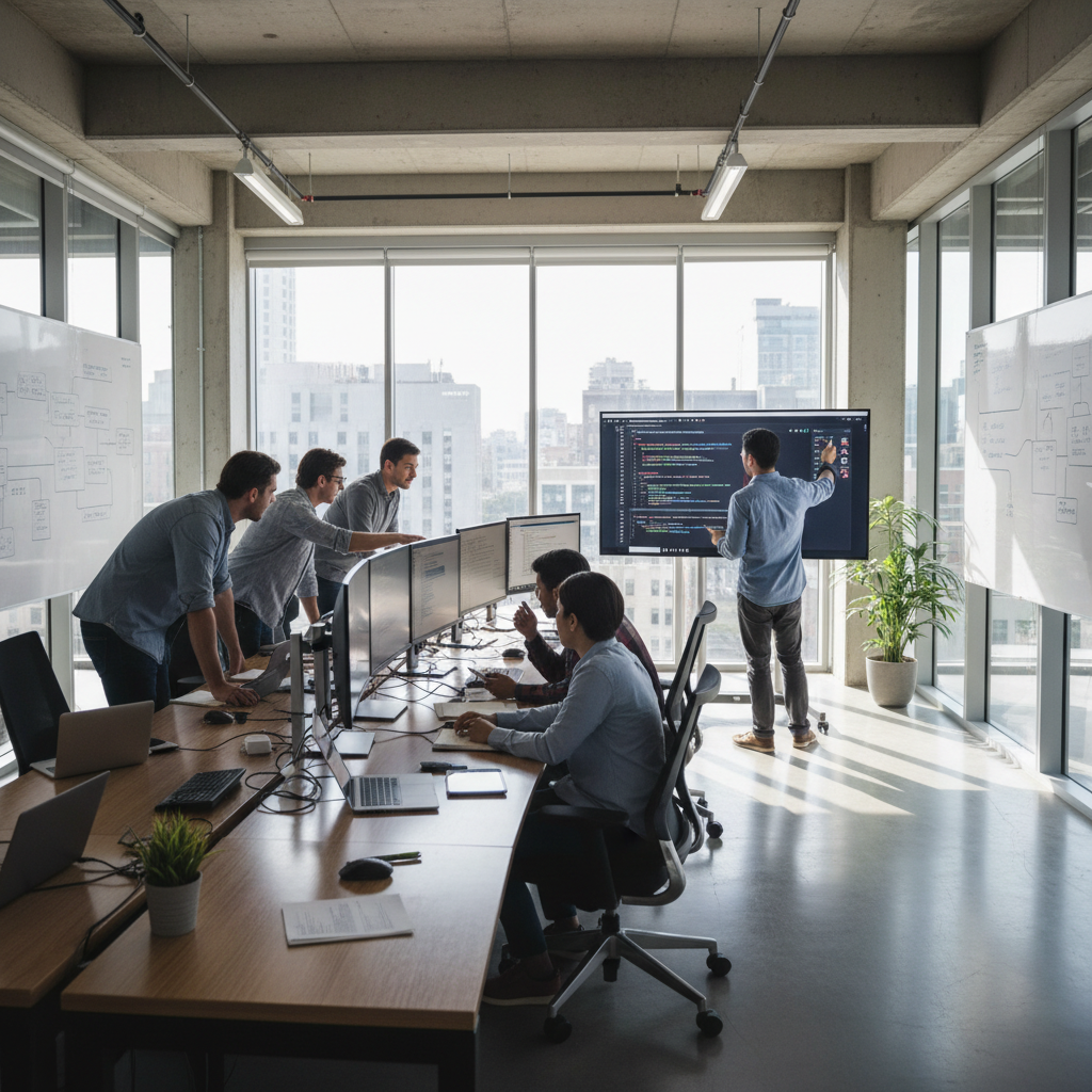 Team of engineers reviewing technology infrastructure quality standards in a modern office